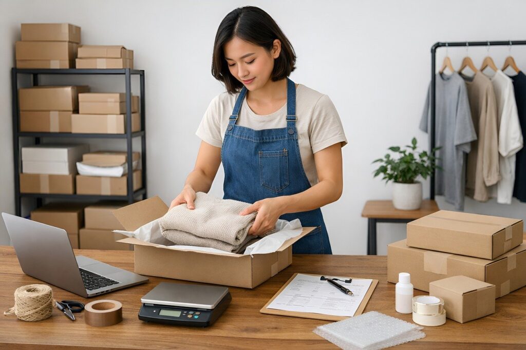 small business, e commerce, order packing, business owner, online store, packaging, shipping orders, home business, startup, entrepreneur, workspace, wooden desk, natural light, productivity, order fulfillment, retail, small business owner, logistics, packaging process, handmade business, training material