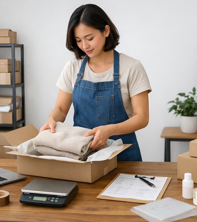small business, e commerce, order packing, business owner, online store, packaging, shipping orders, home business, startup, entrepreneur, workspace, wooden desk, natural light, productivity, order fulfillment, retail, small business owner, logistics, packaging process, handmade business, training material